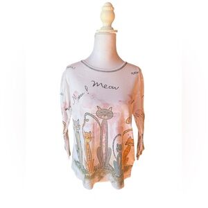 Jess & Jane Cat Kitten 3/4 Sleeve Shirt - Cotton Vintage "Meow" Design - Medium
